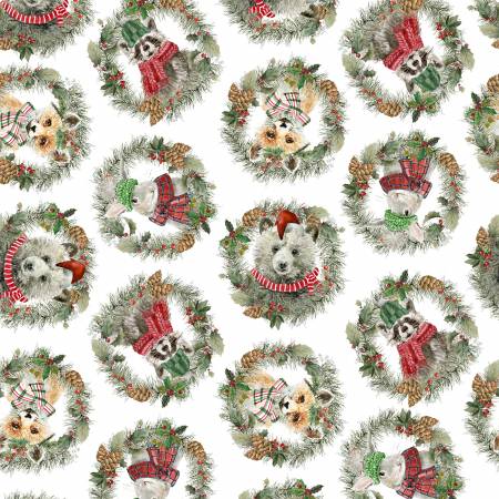 3 Wishes Fabric - Animal Wreaths - Whimsy Winter Woodland by Livi & Finn Collection - #23778 - Cotton Fabric