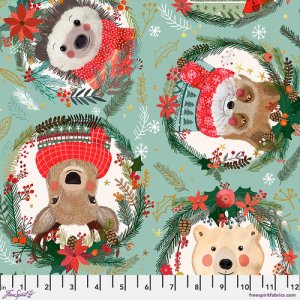 Free Spirit Fabric - Christmas Squad Wreaths - SAGE - Mia Charro - FS-PWMC013-SAGE - Deer - Fox - Polar Bear - Hedgehog - Cotton