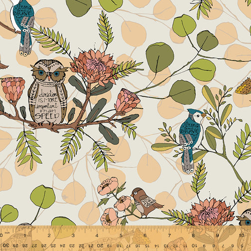 Windham Jaye Bird Fabric - Encouraging Birds - Ivory - Birds - 53269-1 - Floral - Whistler Studios - Kori Turner - Cotton Fabric