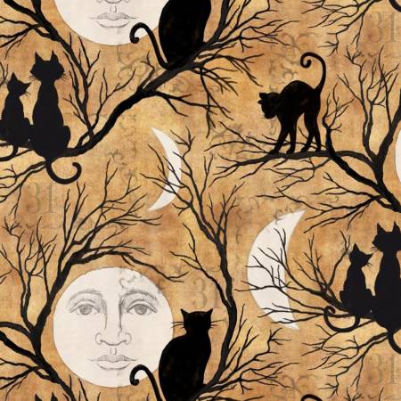 Springs Creative Cat Fabric - Cat Silhouette - 71917J370715 - Cotton - Fabric by the Yard - 1 Yard - Holiday - Halloween - Moon