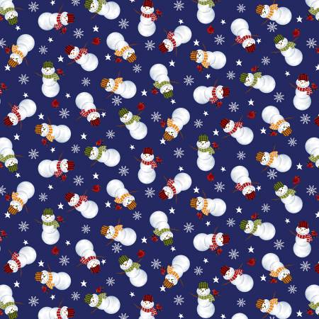 Studio E Snowman Fabric - Deep Blue Tossed Snowmen Christmas - #7904S-77 - A Day in the Woods by Lori Nawyn Collection - Cotton
