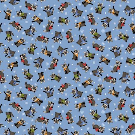 Studio E Raccoon Fabric - Md. Blue Tossed Raccoons Christmas - A Day in the Woods by Lori Nawyn Collection - Cotton