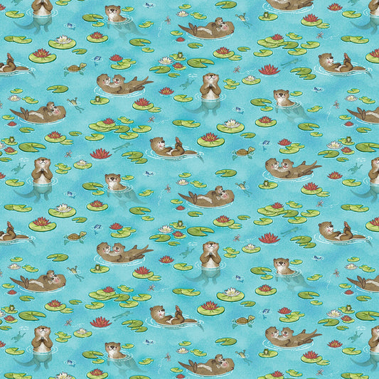 Henry Glass Otter Fabric - River Romp by Sharon Kuplack - Teal Otters and Lily Pads - #861-76 - Cotton Fabric