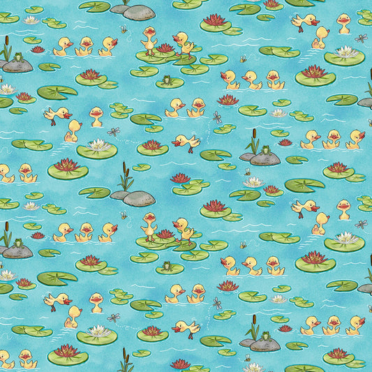 Henry Glass Duckling Fabric - River Romp by Sharon Kuplack - Teal Ducklings and Lily Pads - #865-76 - Cotton Fabric