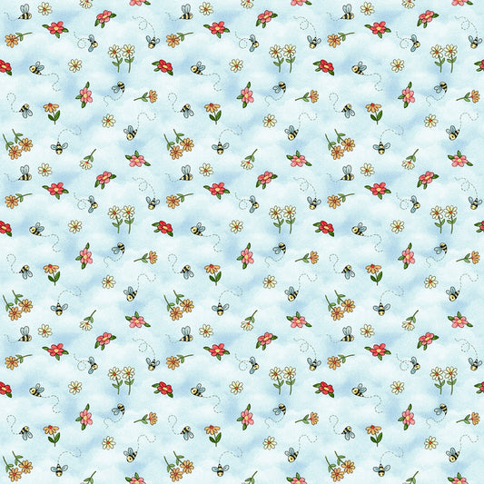 Henry Glass Bee Fabric - Lt Blue River Romp Bees and Bloom by Sharon Kuplack - #866-11 - Cotton Fabric
