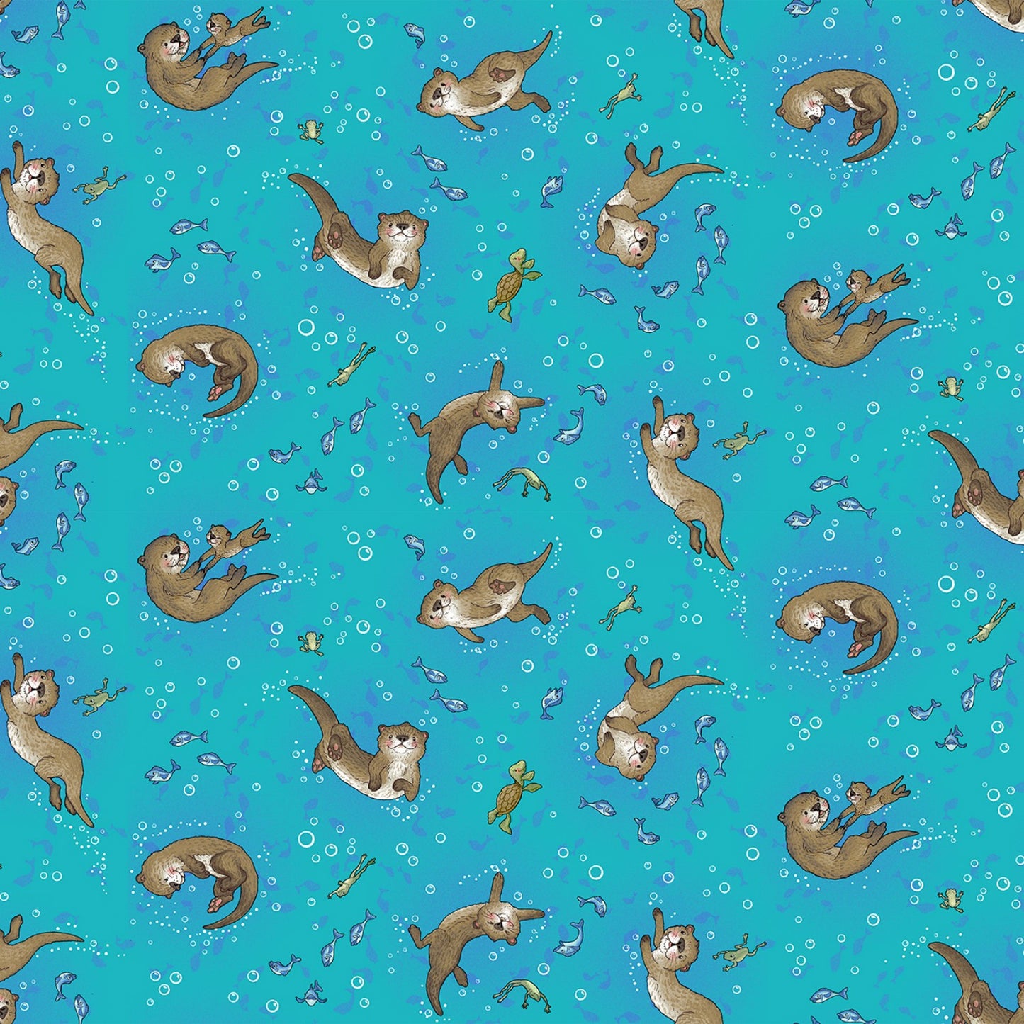 Henry Glass Otter Fabric - River Romp by Sharon Kuplack - Teal Underwater Otters - #867-77 - Cotton Fabric