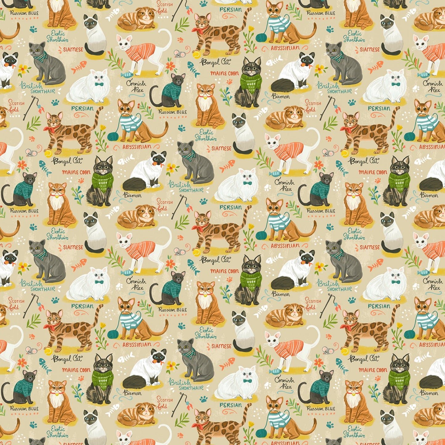 Timeless Treasures Cat Fabric - Purrfect Life Cat Breeds - Olivia Gibbs - CD 2156 Beige - Cat - Cotton Fabric