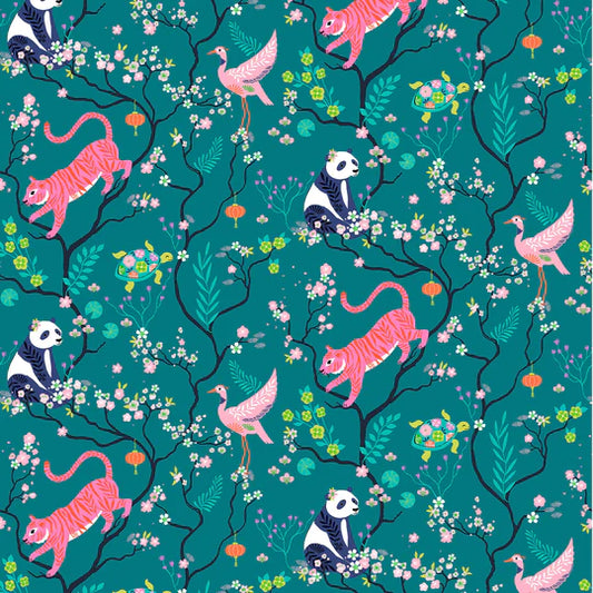 Dashwood Studio Fabric - Blossom Days - Blossom 2339 - Panda - Bethan Janine - Tiger - Turtle - Crane - Bird - Floral - Cotton Fabric