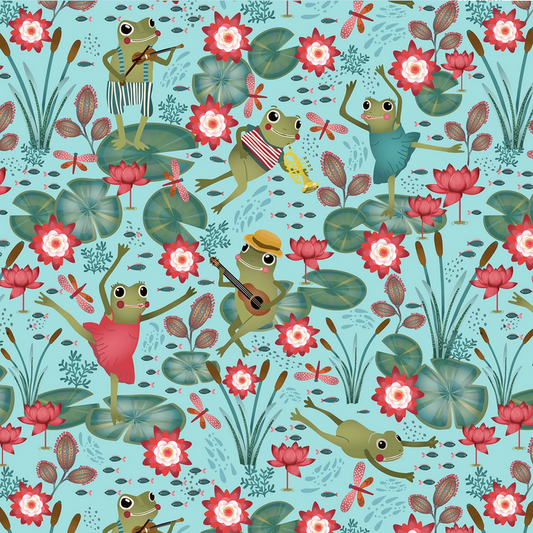 Blank Quilting Frog Fabric - Lake Night Serenade by Bienvenido Collection - Lt. Blue Frogs on Lily Pads - Cotton Fabric