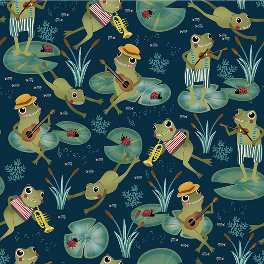 Blank Quilting Frog Fabric - Lake Night Serenade by Bienvenido Collection - Navy Frogs with Instruments - Cotton Fabric