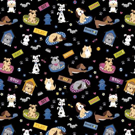 Freckle & Lollie Puppy Playtime Fabric - Bow Wow Meow Collection - FLBWM-D27-Z - Black - Dog - Cat - Cotton Fabric