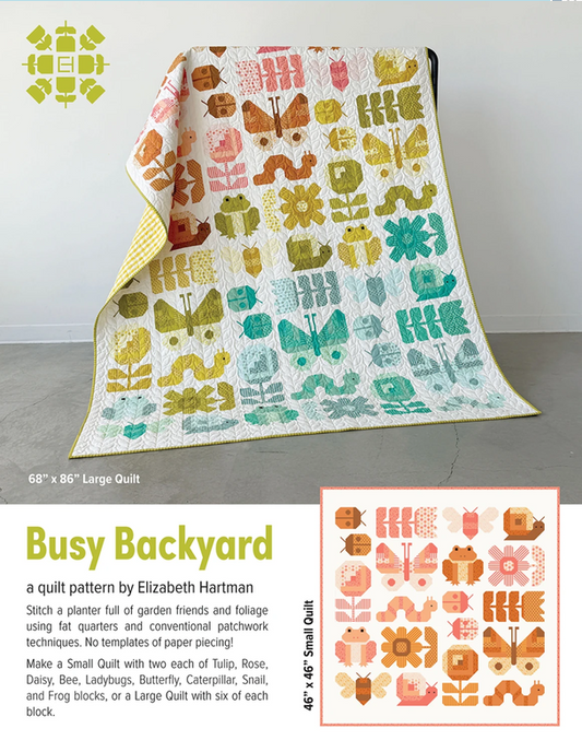 Elizabeth Hartman Quilt Pattern - Busy Backyard - Elizabeth Hartman - #EH089 - Quilt Pattern - Bee - Butterfly - Frog - Rose - Tulip - Daisy