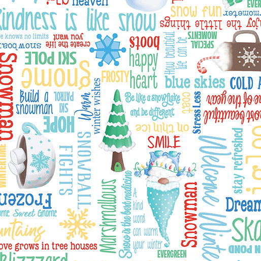 Benartex Fabric - Gnome Wonderland 12817-09 - WHITE - Winter Words - Cotton Fabric