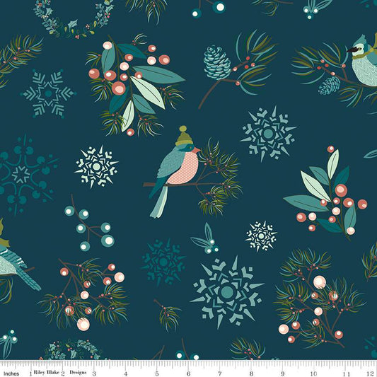 Riley Blake Fabric - Arrival of Winter Main Navy - Sandy Gervais - Cotton Fabric - 1 Yard - Bird - Floral