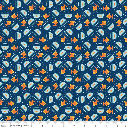 Riley Blake Fabric - Pet Goldfish Navy - Pet's Collection - C13655-NAVY - Lori Whitlock - Cotton Fabric