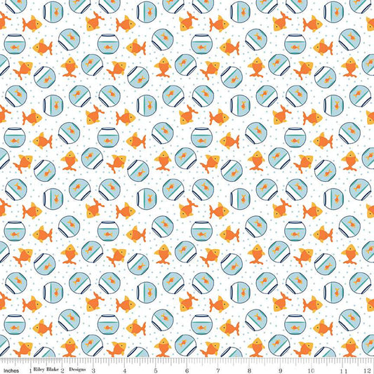 Riley Blake Fabric - Pet Goldfish White - Pet's Collection - C13655-WHITE - Lori Whitlock - Cotton Fabric