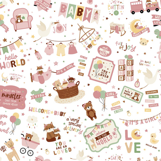 Riley Blake Fabric - Baby Girl by Lori Whitlock Collection - WHITE - Baby Girl Main White - #C16770R-WHITE - Cotton Fabric