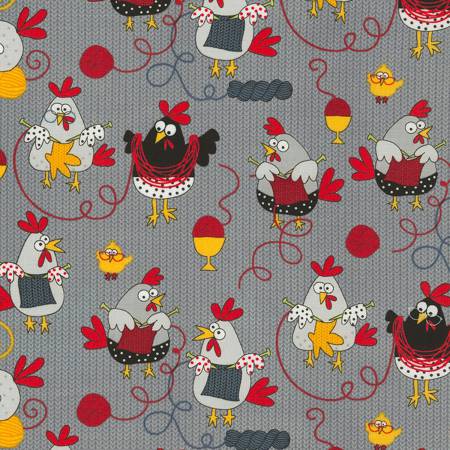 Timeless Treasures Knitting Chickens Fabric - Grey Knitting Chickens Allover - C5605-GRY - Cotton Fabric