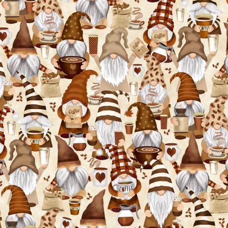 Timeless Treasures Gnome Fabric -  Beige Coffee Gnomes - CD2027 - BEIGE - Espresso Yourself - Gail Cadden - Cotton Fabric