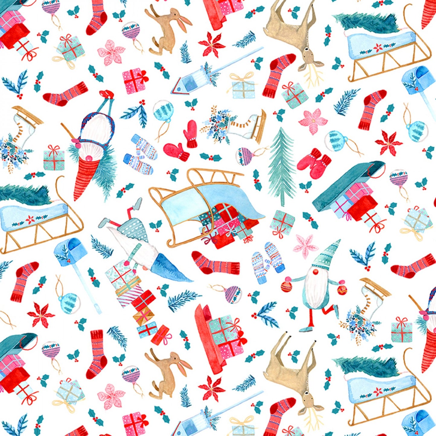 Timeless Treasures Gnome Fabric - White Assorted White Christmas - TT01224 - CD2032-WHITE - Gnome For Christmas - Cotton Fabric
