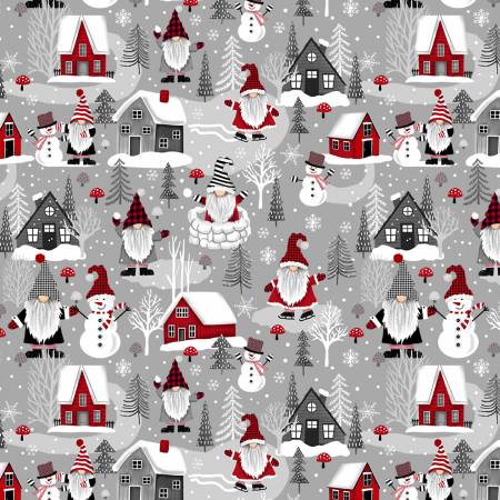 Timeless Treasures Gnome Fabric - Grey Winter Gnomes in Town - Gnome for the Holidays - CD2115 - GREY - Gail Cadden - Cotton Fabric