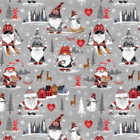 Timeless Treasures Gnome Fabric -Nordic Gnomes by Gail Cadden - Grey Winter Nordic Gnomes Town - #CD2884-GREY - Cotton Fabric