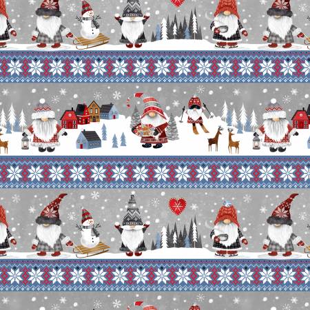Timeless Treasures Gnome Fabric -Nordic Gnomes by Gail Cadden - Grey Nordic Gnomes Stripes - #CD2886-GREY - Cotton Fabric
