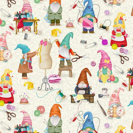 Timeless Treasures Gnome Fabric - Sew Many Gnomes - CD2484 - Cream - Cotton Fabric