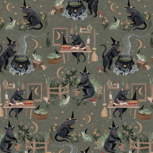 Dear Stella Cat Fabric - Cypress Goblincore - Black Cat - Halloween - ST-DRR2537CYPRESS - Cotton Fabric