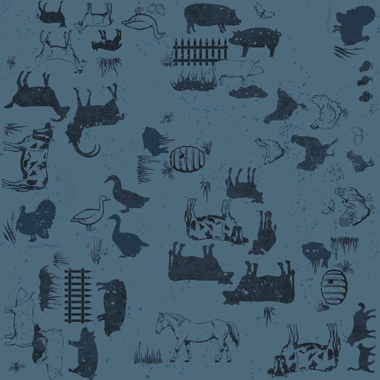 Clothworks Homesteading Fabric - Dan Dipaolo - Denim Homesteading Animals - Farm - Chickens - Cows - Horses - Ducks - Cotton Fabric