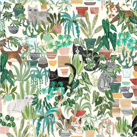 Clothworks Hidden Cats Fabric - Homebodies by Mary Urban - Light Cream Homebodies Hidden Cats - Kitty - Plants - Cotton Fabric