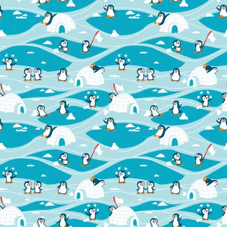 Freckle & Lollie Penguin Fabric - Ice Blue Camp Penguin - Zooville by Shawn Wallace Collection - FLZS-D133-E - Cotton
