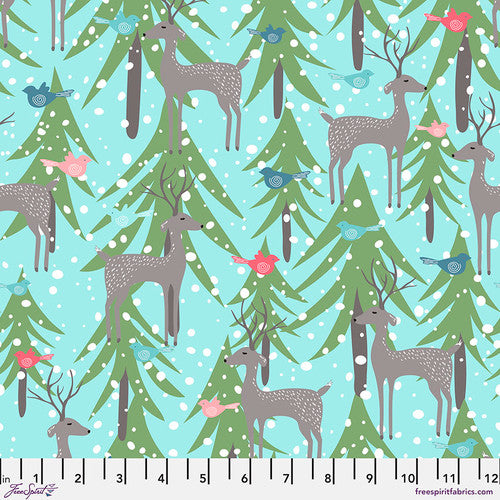Free Spirit Snowy Weather Fabric - Blue - Penn2Paper - Deer - Flannel Fabric