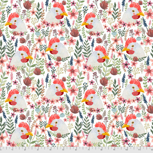 Free Spirit Fabric - Farm Friends -  Floral Chicken - Mia Charro - PWMC00.XWHITE - Chicken - Floral - Cotton Fabric