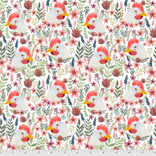 Free Spirit Fabric - Farm Friends -  Floral Chicken - Mia Charro - PWMC00.XWHITE - Chicken - Floral - Cotton Fabric