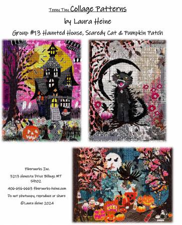 Laura Heine Halloween Collage Pattern - Teeny Tiny Group #13 Haunted House, Scaredy Cat & Pumpkin Patch - Fiberworks Inc
