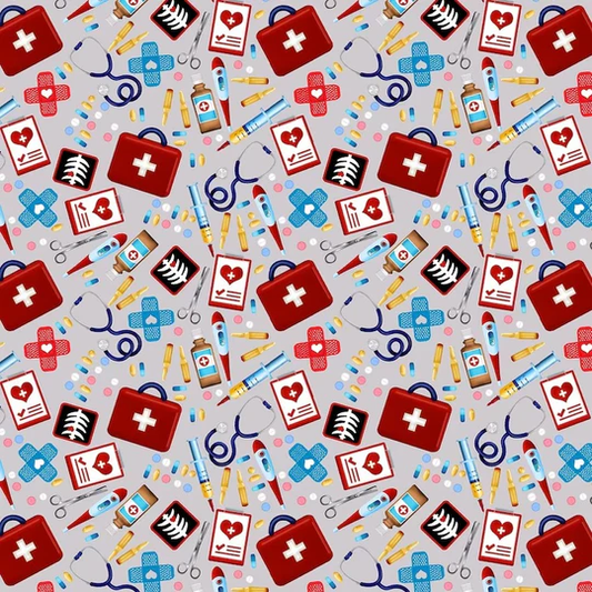 Big Hugs Tossed Allover Fabric - First Aid Kit Gray - HG9322-90 - Cotton Fabric