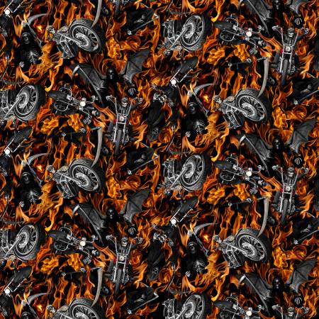 Timeless Treasures Flame Skeletons Grim Motorcycle Fabric - Reaper's Ride - Bike - CD2415 - Flame - TT Fabric Cotton Fabric