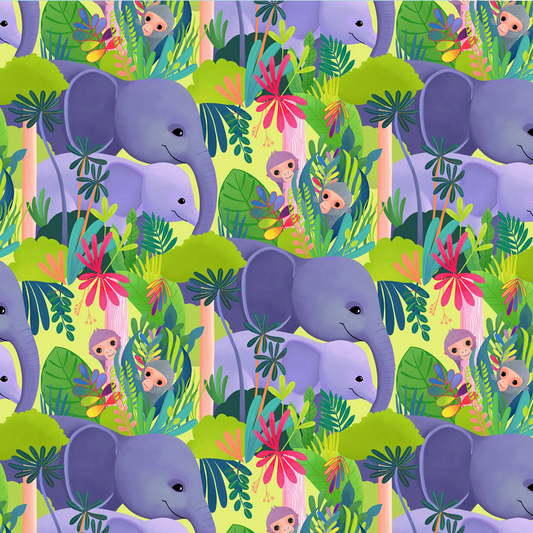 Free Spirit Love in the Wild Fabric - Love in the Jungle Green - Elephant - Monkey - Katy Tanis Collection - Cotton Fabric