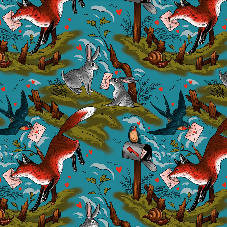 Free Spirit Love Letters Fabric - Mail Toile - Multi - Rachel Hauer - PWRH139 - Cotton Fabric - Fox - Rabbit - Bird - Snail