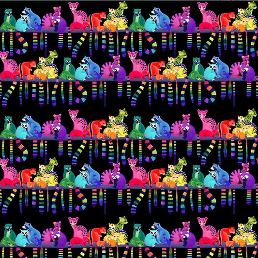 Free Spirit Love in the Wild Fabric - Ringtail Love Night Black - Cats - Katy Tanis Collection - Cotton Fabric