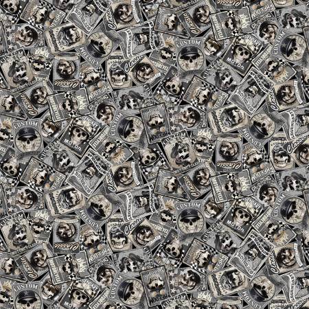 Timeless Treasures Grey Skull Patches Motorcycle Fabric - Reaper's Ride - Bike - CD2416 - Grey - TT Fabric Cotton Fabric