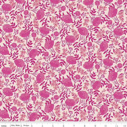 Riley Blake Fabric - Hope in Bloom Petals of Courage - Floral - Hot Pink - C11021 - Katherine Lenius - Cotton Fabric