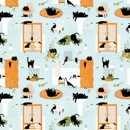 Dear Stella Cat Fabric - Icy Kitty Wash - Black Cat - ST-DLW2658 - ICY - Feline Fancy - Leezaworks - Cotton Fabric