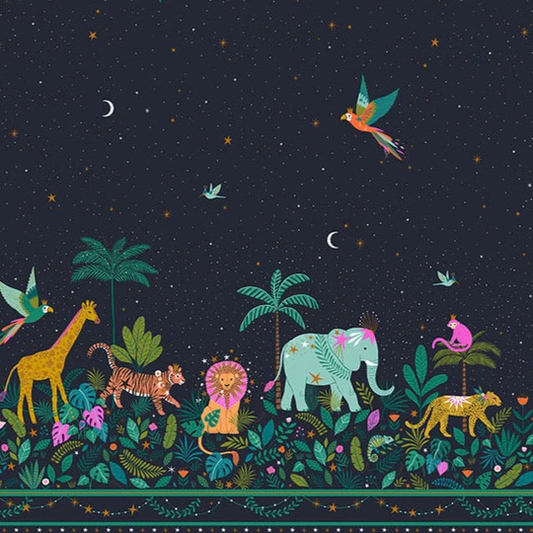 Dashwood Studio Fabric - Jungle Lux 2233 - Midnight - Monkey - Tiger - Lion - Giraffe - Elephant - Bird - Leopard - Cotton Fabric