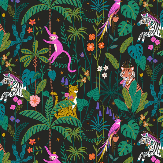 Dashwood Studio Fabric - Jungle Lux 2232 - Black - Monkey - Tiger - Bird - Zebra - Leopard - Cotton Fabric