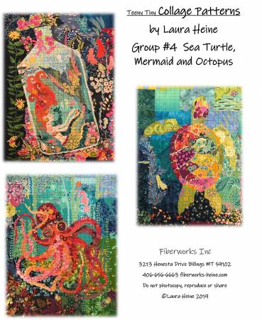 Laura Heine Teeny Tiny Collage Pattern - Teeny Tiny Group #4 - Sea Turtle - Mermaid - Octopus - #LHFWTT4 - Fiberworks Inc
