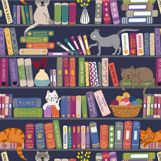 Lewis & Irene Bookshelf Cats Fabric - The Purrfect Book Club - Book Shelves and Cats Multi - library cats - Cat - Cotton Fabric