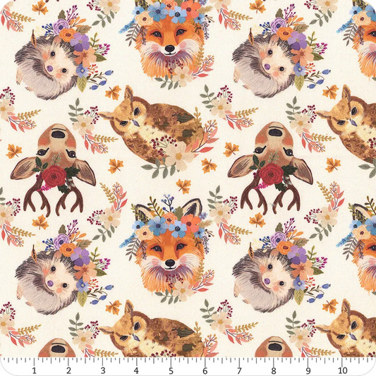 Free Spirit Cute Forest Fabric - Cute Forest - Ivory - Mia Charro - PWMC116.IVORY - Woodland - Fox - Owl - Floral - Cotton Fabric