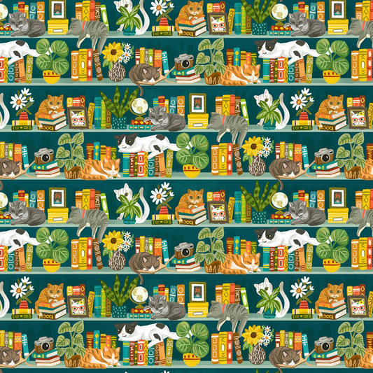 Timeless Treasures Cat Fabric - Olivia Bookshelf Cats - Multi Cat - TT-Olivia-CD2157 - Library cats - Cat - Books - Cotton Fabric